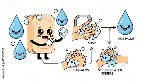 Cute Cartoon Soap Bar and Water Drops Illustrating Hand Washing Steps.