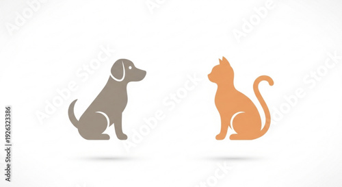 Friendly dog and cat silhouettes sitting side by side in gray and orange on white background symbolizing companionship and friendship between pets