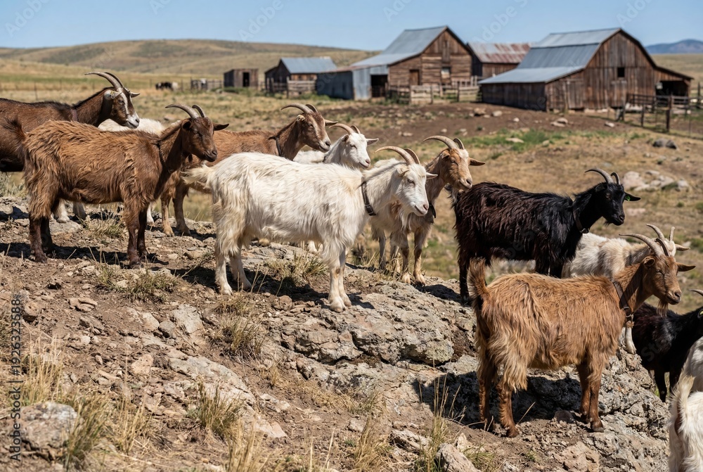 Obraz premium A diverse herd of brown, white, and black goats stands on rocky, dry ground with rustic wooden barns and rolling hills under a clear blue sky.