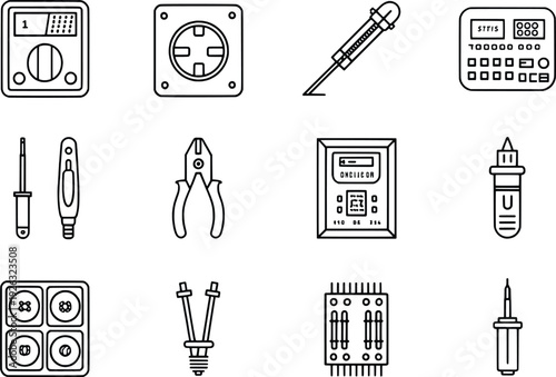 Various electrical tools and components in a detailed illustration