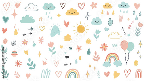 Cute Hand Drawn Doodle Elements Collection for Children Design.