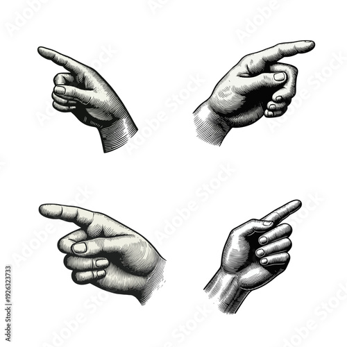 Engraved Hands Pointing with Index Finger - Vintage Direction Gesture Illustration Set