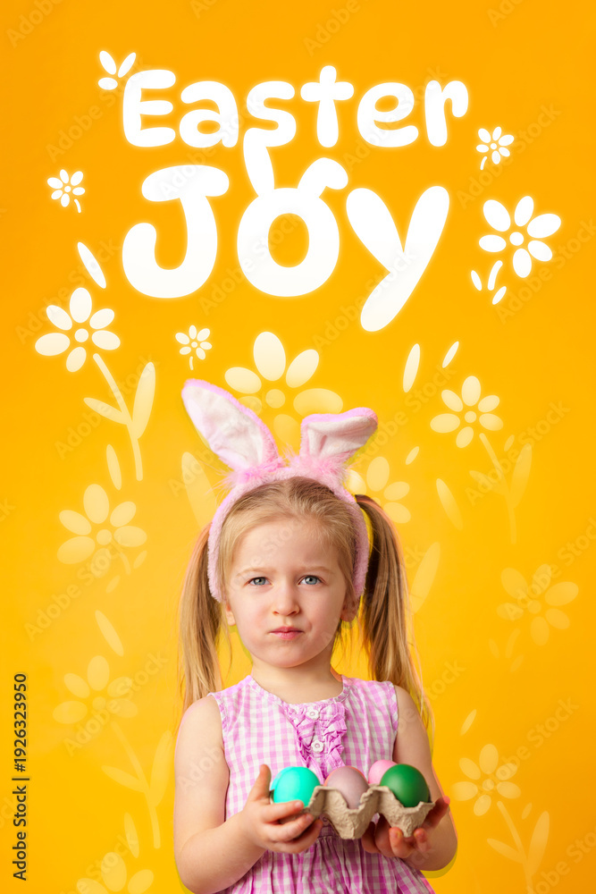 Fototapeta premium Child holds colored eggs for Easter celebration on a bright yellow background