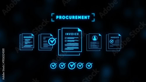 Glowing blue procurement process with documents and checkmarks on dark background Keywords: procurement, business, document, invoice, checklist, paperwork, contract, agreement, order, purchase