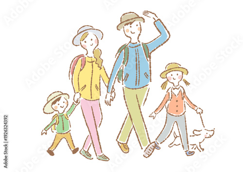 ハイキングを楽しむ家族4人と犬のシンプルイラスト