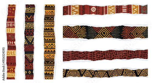 Collection of colorful woven fabric strips with geometric patterns isolated on white background.