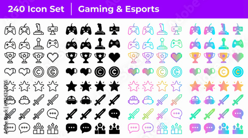 Flat design gaming and esports icon set collection with controllers, trophies, and badges vector illustration