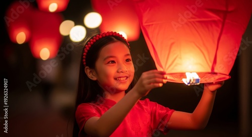 Smiling Girl Holding Red Sky Lantern at Night Celebration