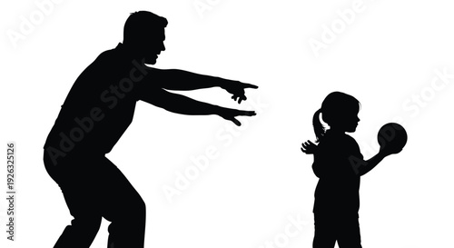 Adult and child engaging in a basketball training session together with a vector graphic illustration