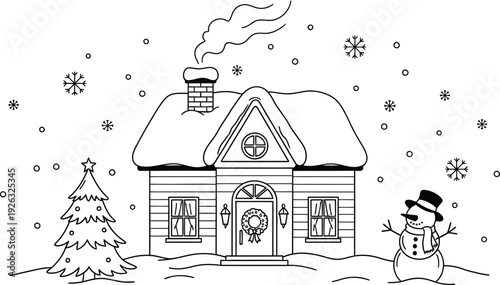 A snowy winter scene with a cozy house and a snowman