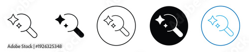 Magnifying glass icons with sparkling stars in various colors and styles
