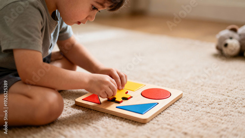 Little Boy Solving Wooden Shape Sorter Puzzle for Cognitive Development and Fine Motor Skills