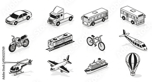 Collection of various transportation vehicles in detailed monochrome illustrations for design.