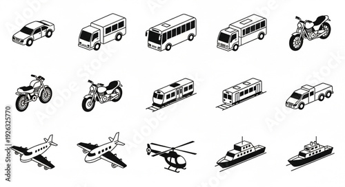 Collection of various transportation vehicles in isometric view illustration.