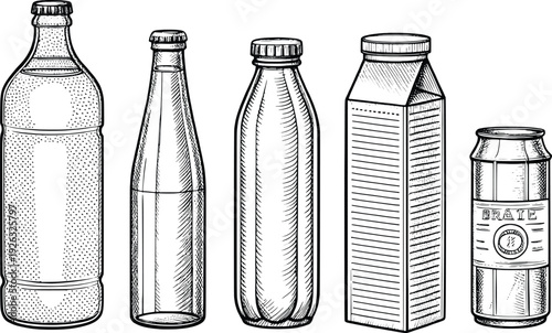 Illustration of various empty containers including bottles and a carton