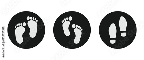 Set of human footprint and shoe print icons in different styles. Silhouette vector graphic design elements. Vector illustration.