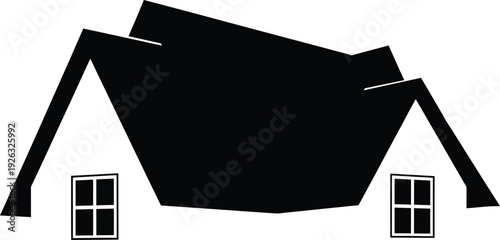 A black and white illustration of a house with a collapsed roof