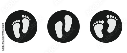 Black and white footprint icon and Silhouette design element in circular frame, used to Represent orthopedics, foot pain, trauma services and signifying foot care products.