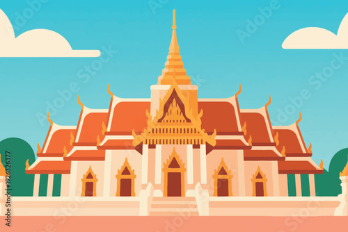 Illustration Of An Ancient Temple Building, With Trees And A Cloudy Blue Sky Vector Design Template