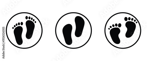 Black and white footprint icon and Silhouette design element in circular frame, used to Represent orthopedics, foot pain, trauma services and signifying foot care products.