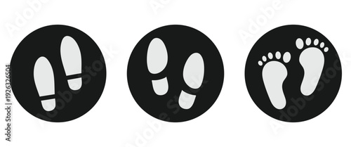 Black and white footprint icon and Silhouette design element in circular frame, used to Represent orthopedics, foot pain, trauma services and signifying foot care products.