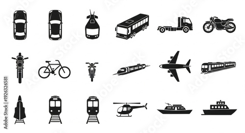 Collection of various transportation vehicles in a simple black and white illustration.