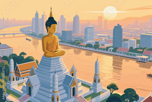 Illustration Of A Buddha Statue On Top Of A Temple, Near A Canal And City, Sunset Atmosphere Vector Design Template