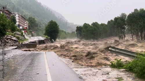 Close-up of a river overflowing and destroying a road in India as a result of heavy flooding. Extreme weather caused by climate change.