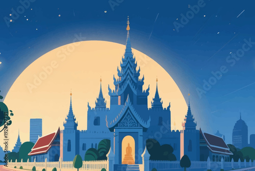 Illustration Of A View Of A Temple Building At Night With A Large Moon Shining Behind It Vector Design Template