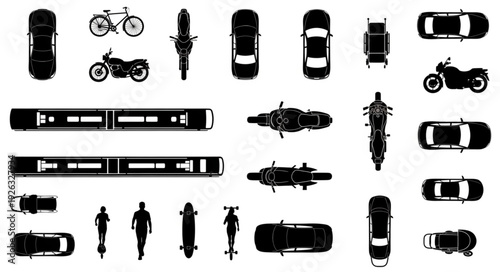 Overhead view of various vehicles and modes of transportation in a silhouette style.