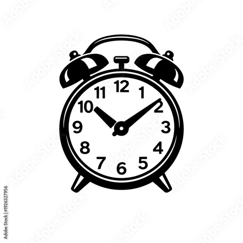 Classic vintage analog alarm clock vector icon in elegant black and white. Perfect traditional timepiece illustration for setting daily wake-up calls, managing strict schedules, enhancing punctuality.
