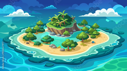 Very beautiful aerial view of a tropical coral atoll island surrounded by shallow turquoise waters and vibrant reef formations.
