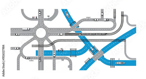 Complex urban infrastructure design with roads, bridges, and traffic flow.