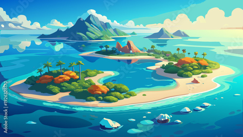 Very beautiful aerial view of a tropical coral atoll island surrounded by shallow turquoise waters and vibrant reef formations.
