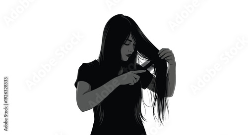 Young woman inspecting her long hair with a thoughtful expression