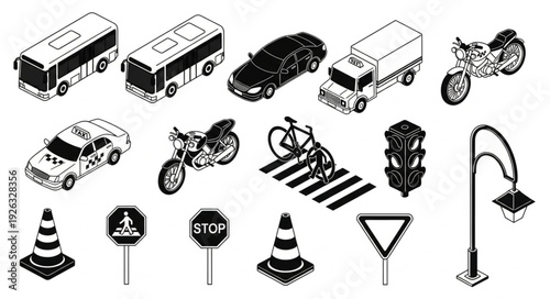 Collection of various transportation vehicles and road signs in monochrome style.