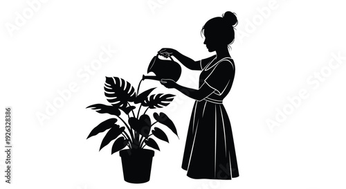 Silhouette illustration of maid in uniform watering a potted houseplant with care