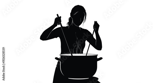 Silhouette of a female chef stirring a large cooking pot on a stove