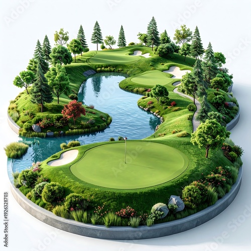 A miniature golf course with a pond and trees on a white background