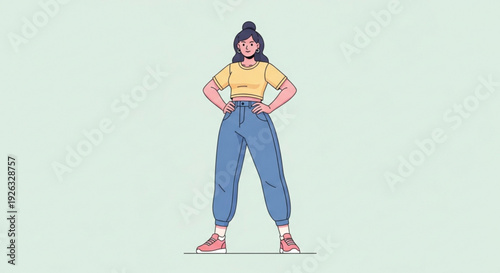 Confident young woman standing with hands on hips exuding self assurance and empowerment depicted in a vibrant modern flat illustration style with clean lines and a soft