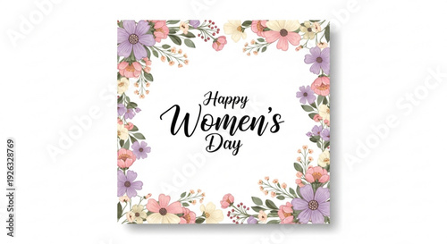 Elegant floral frame with delicate pastel blossoms and green leaves encircling 'happy women's day' text in a beautiful script font symbolizing celebration empowerment