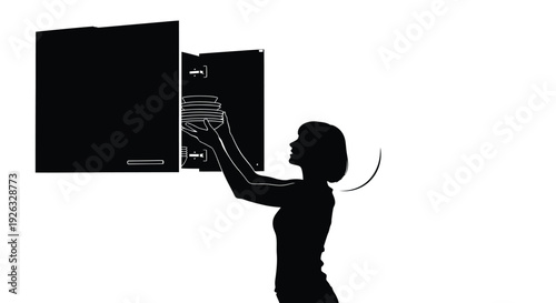 Woman storing dishes in a kitchen cabinet vector graphic illustration design