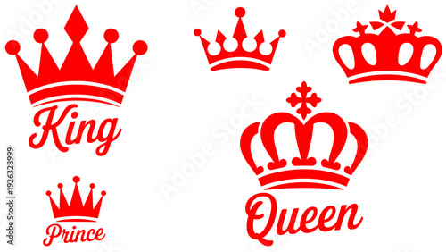Crown doodles set. Hand drawn letterings, king, princess, queen