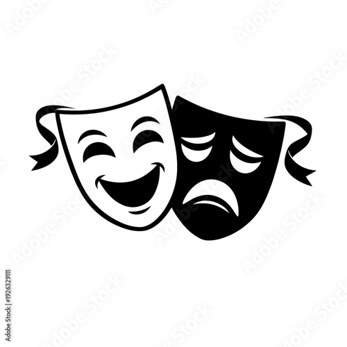 An iconic visual symbolizing the profound duality of human emotion and theatrical performance, this design features classic masks of comedy and tragedy, representing drama, joy, sadness, performing ar