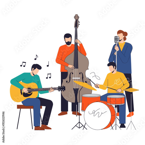 Jazz band playing music: guitar, double bass, drums, and singer with microphone