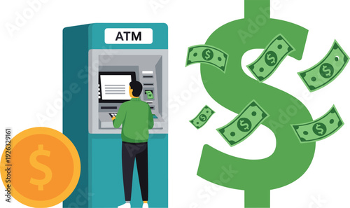 ATM cash withdrawal concept with man using automated teller machine, dollar symbol, flying banknotes and coin, digital banking finance illustration in flat style