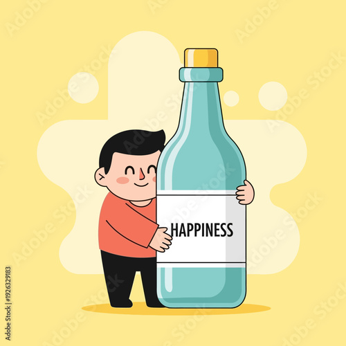 Man Hugging Bottle Labeled Happiness, Symbolizing Joy and Fulfillment