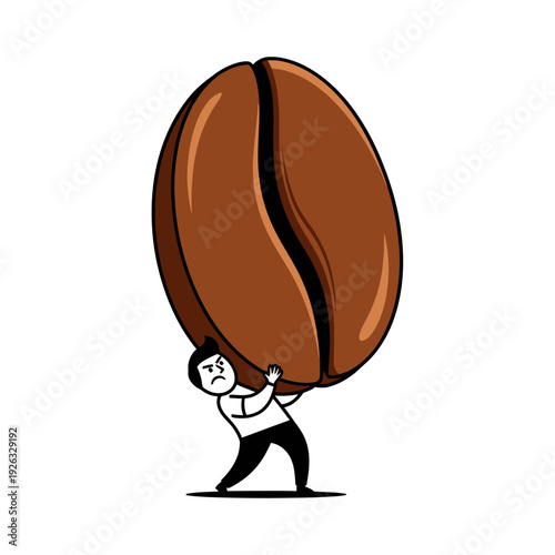 Man struggling to carry a giant coffee bean, representing workload, stress, and caffeine addiction.