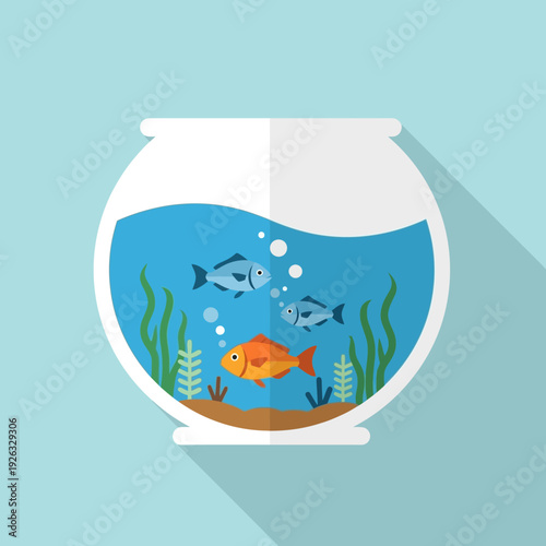 Colorful fish swimming in a round glass aquarium with aquatic plants and bubbles