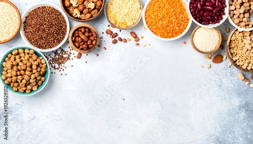 Assortment of Healthy Grains and Legumes in Bowls.